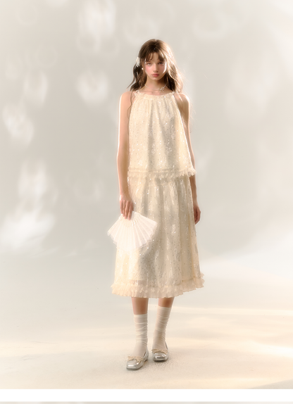 White Butterfly Lace Halter Top  &amp; Midi Skirt Set