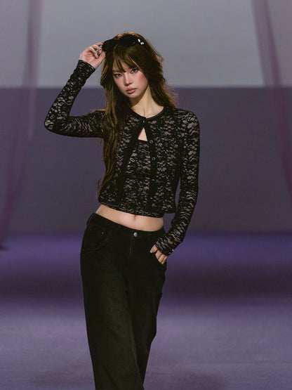 Lace Satin Cardigan Set