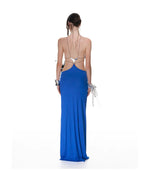 Blue Cross-Back Halter Maxi Dress