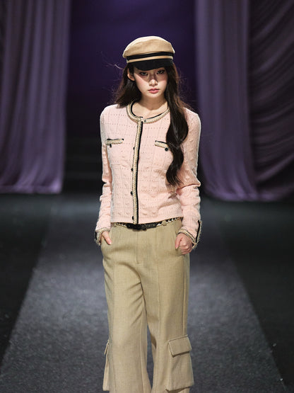 Pink Plaid Openwork Cardigan