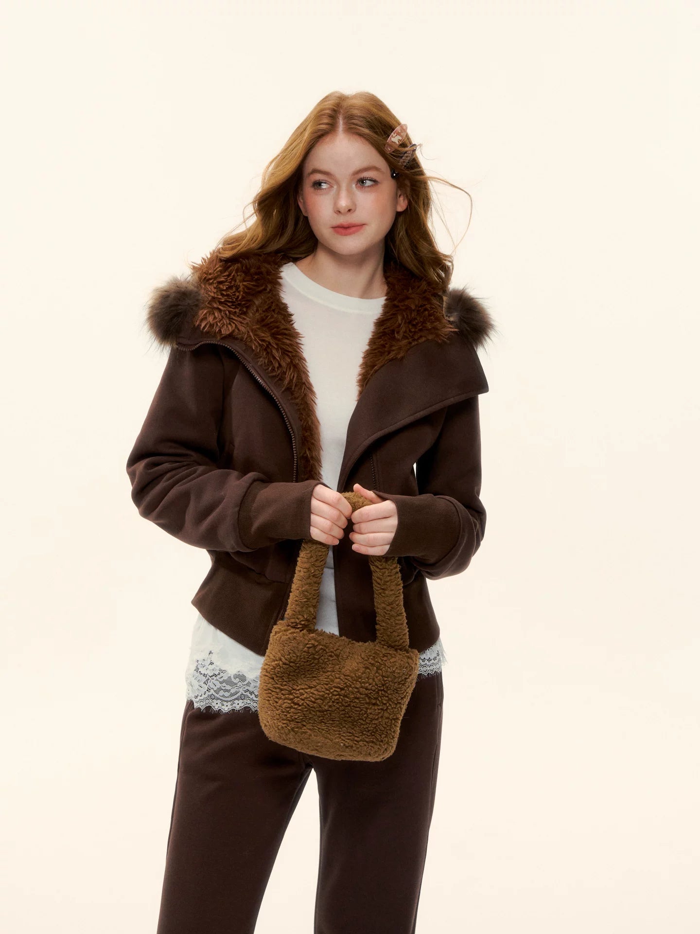 Fleece Waist-Tightening Fur Hoodie &amp; Pants Set