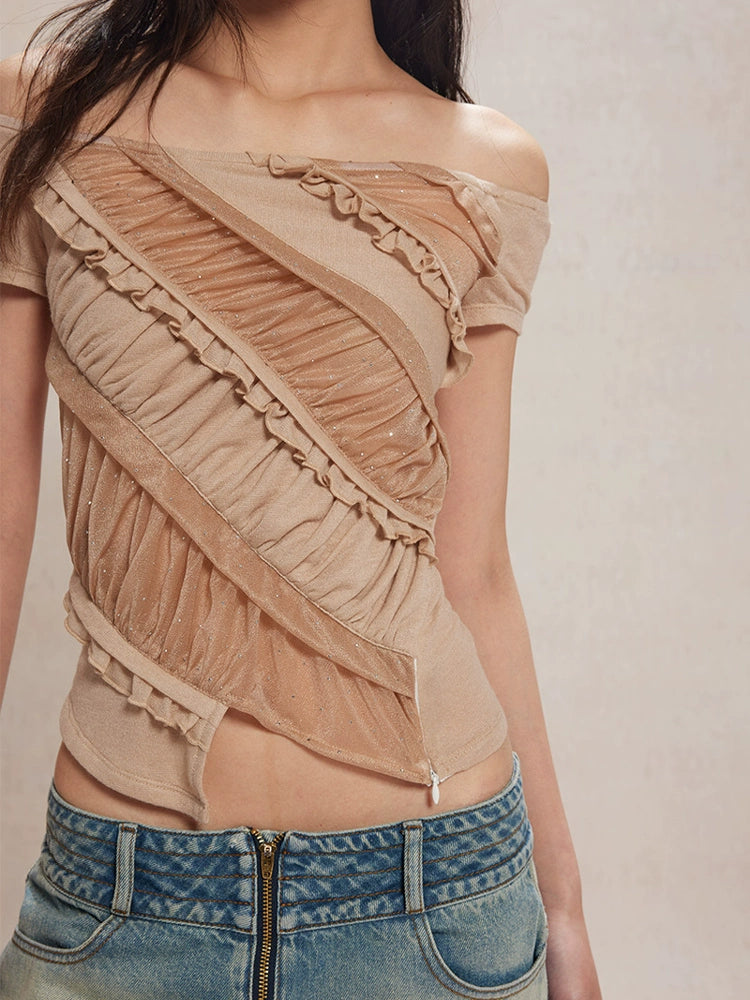 Apricot Embellished Mesh-Trim Knit Top