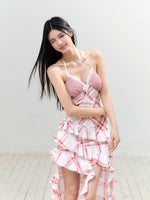 Contrast Plaid Ruffle Hem Tie Dress