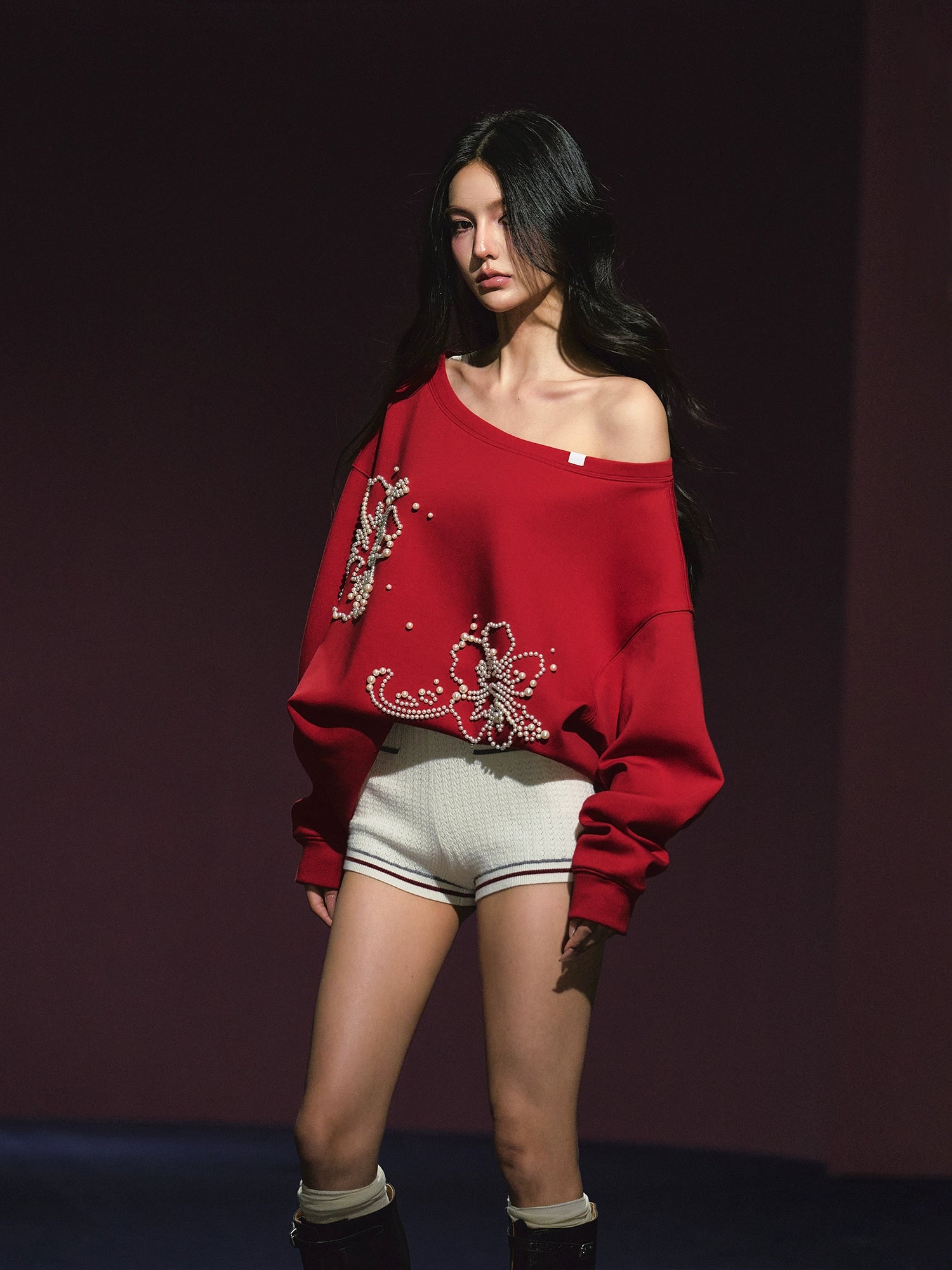 Beaded Off-shoulder Silhouette Sweatshirt