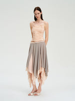 Colorblock Mesh Flared Midi Skirt