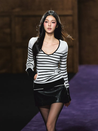 Striped V-Neck Epaulet Long-Sleeve Tee