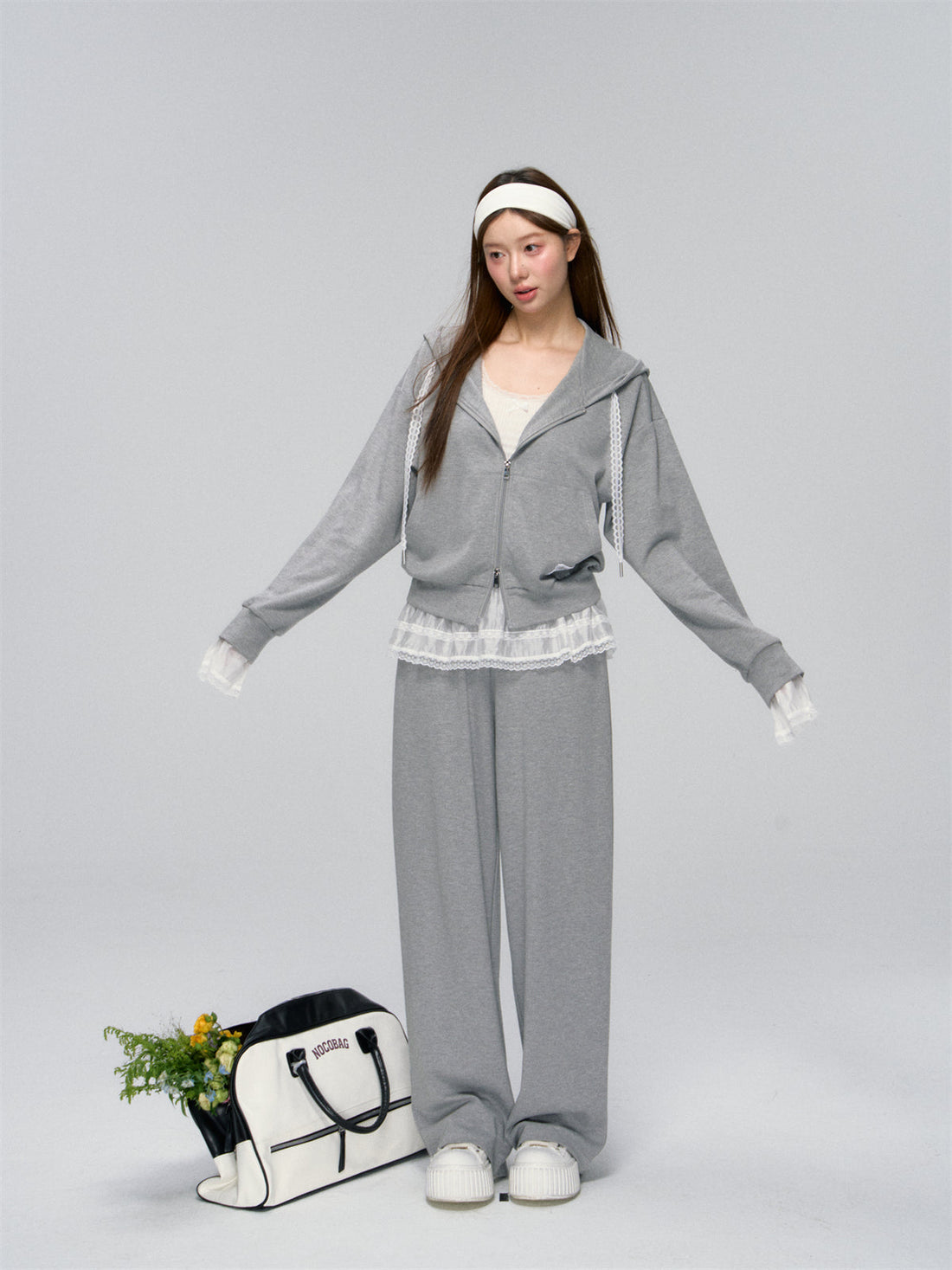 Gray Lace-Trimmed Casual Hoodie & Pant Set