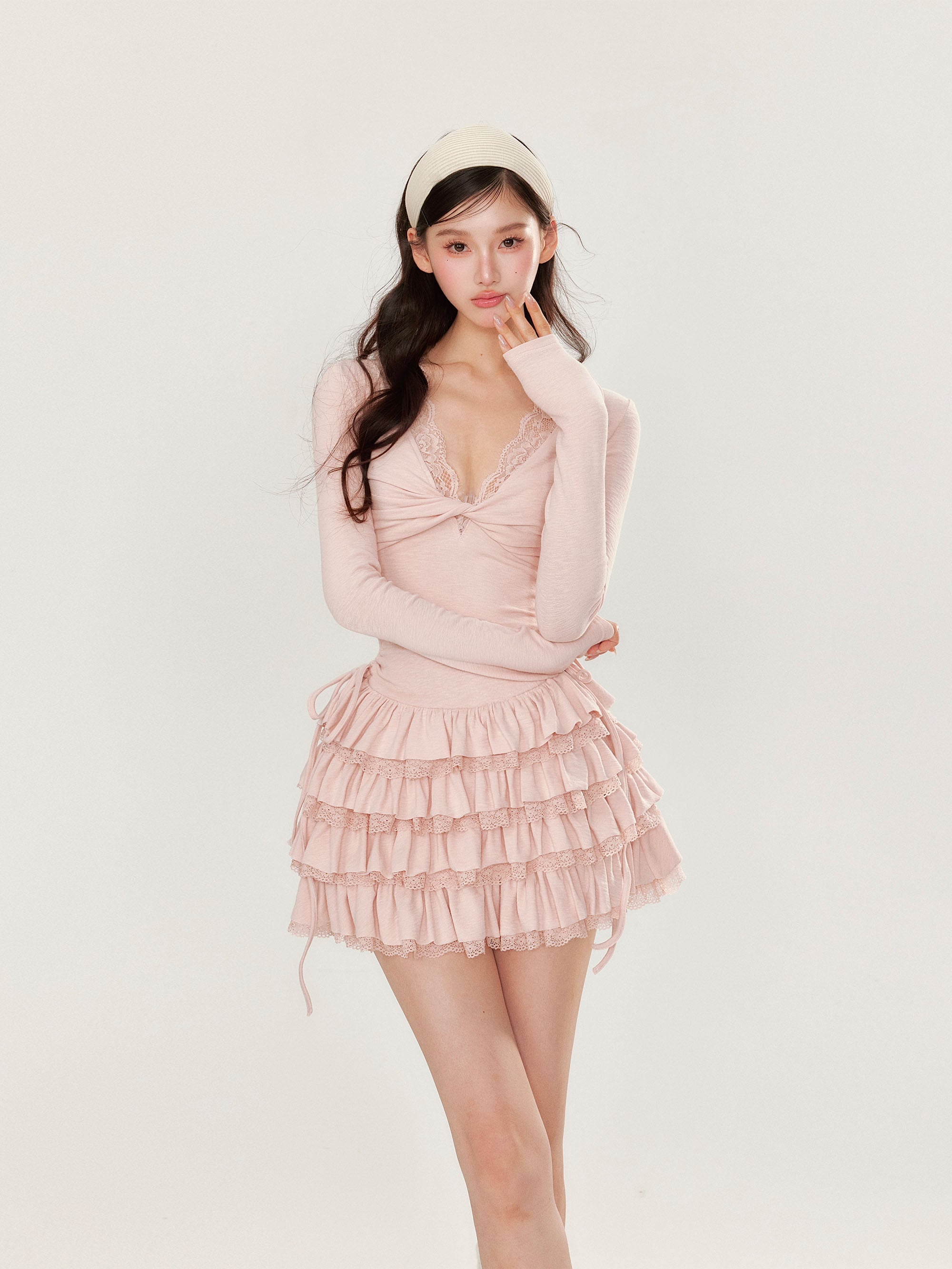 V-neck Long Sleeve Cake Dress