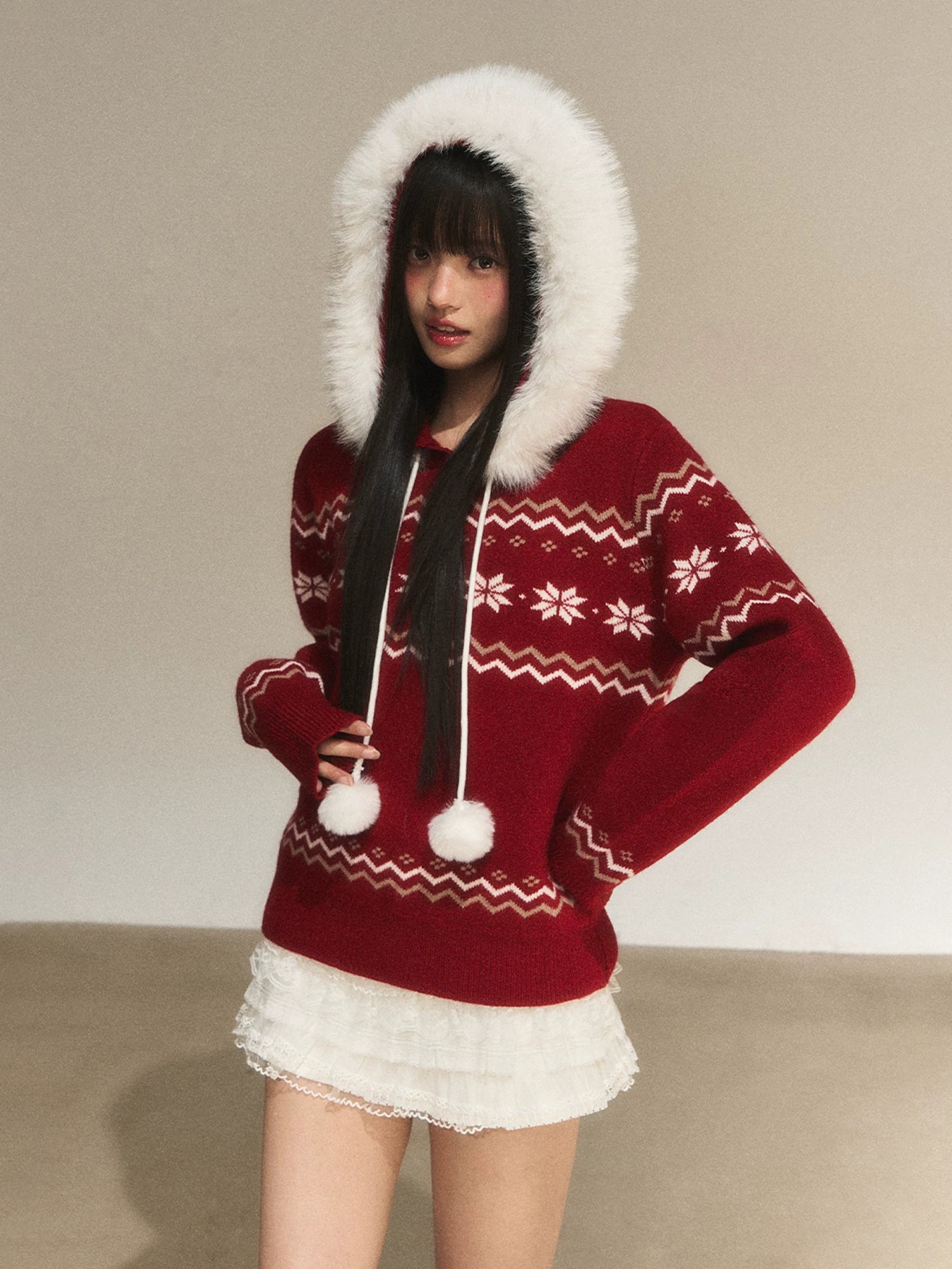 Red Fair Isle Hooded Knit