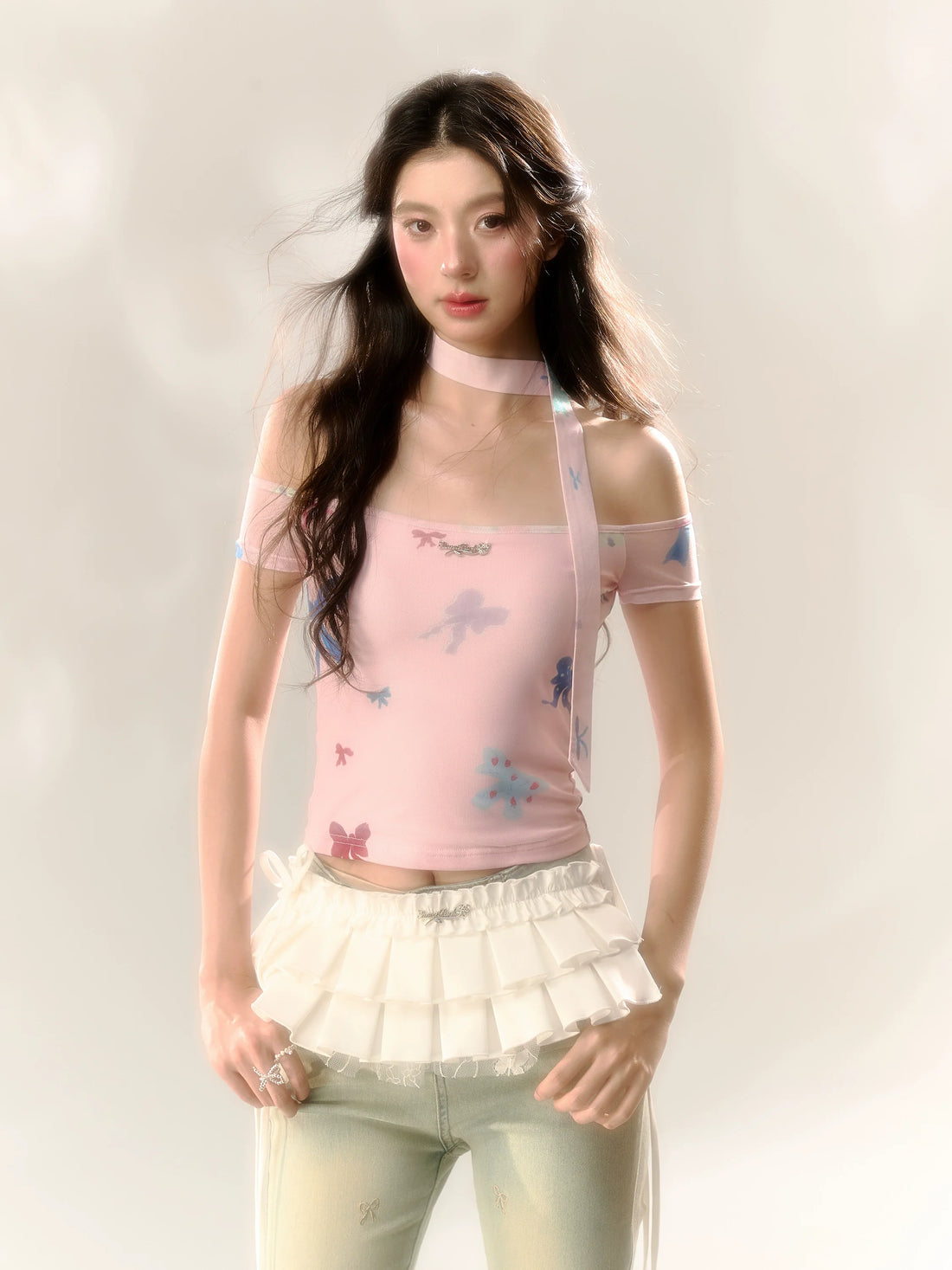 Red Polka Dot & Pink Butterfly Mesh One-shoulder T-shirt