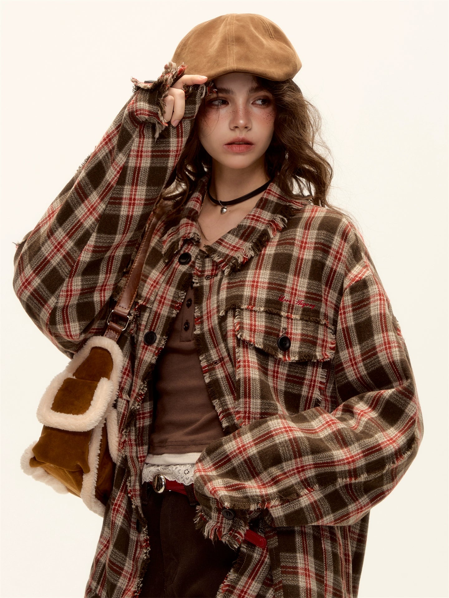 Checked Wool Blend Fringe Edge Shirt Jacket