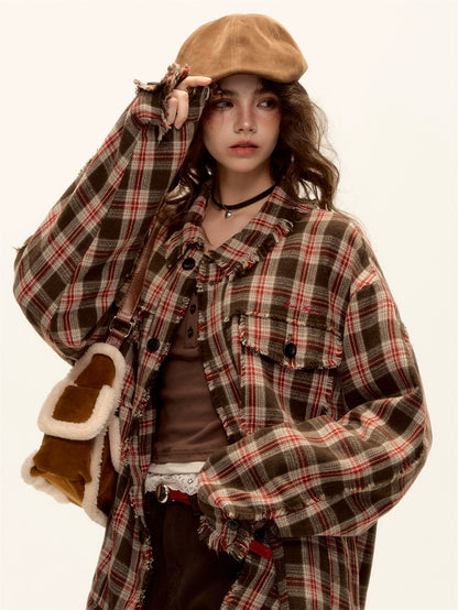 Checked Wool Blend Fringe Edge Shirt Jacket