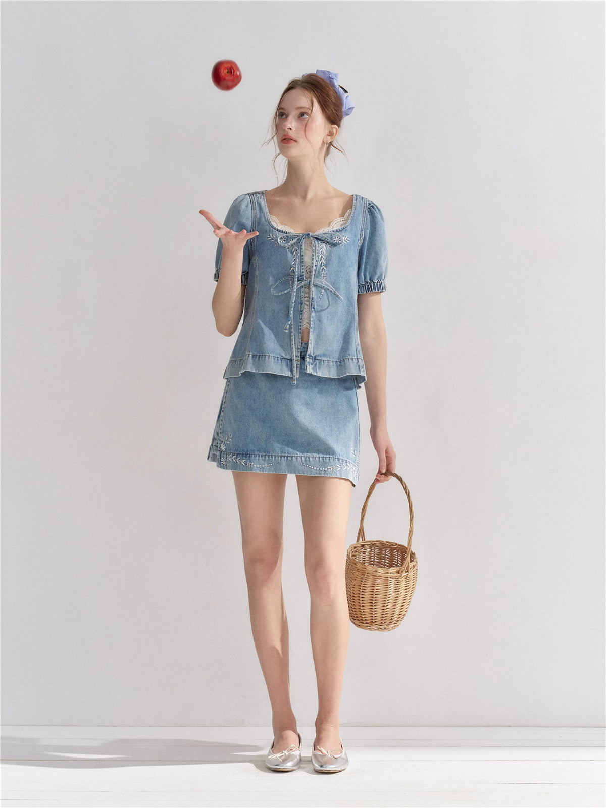 Embroidered Floral Denim Top &amp; Skort Set