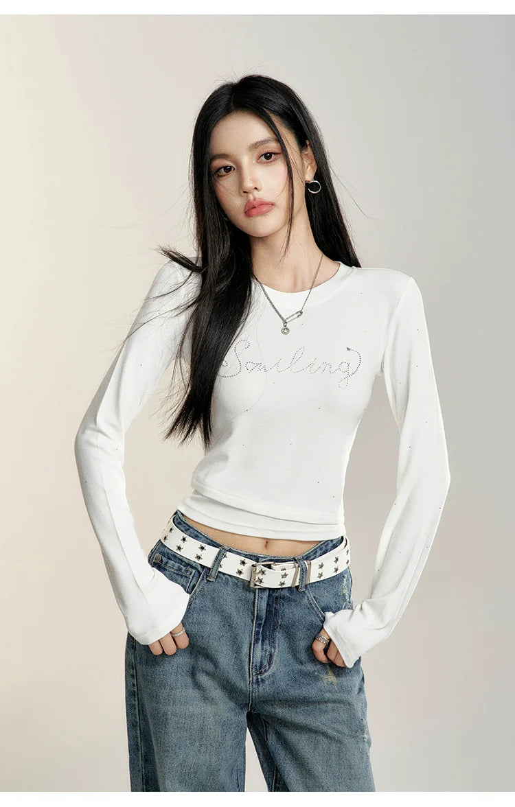 Black &amp; White Round Neck Fitted Long-sleeve T-shirt