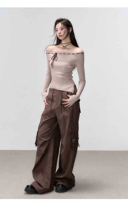 Black &amp; Brown Off-shoulder Knitted Long Sleeve T-shirt