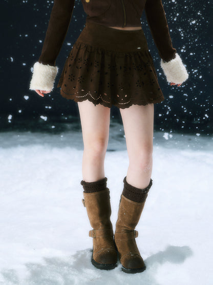 Brown Hollow Jacquard Mini Skirt