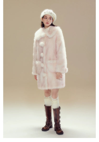 Pink Ombre Doll Collar Long Shearling Coat