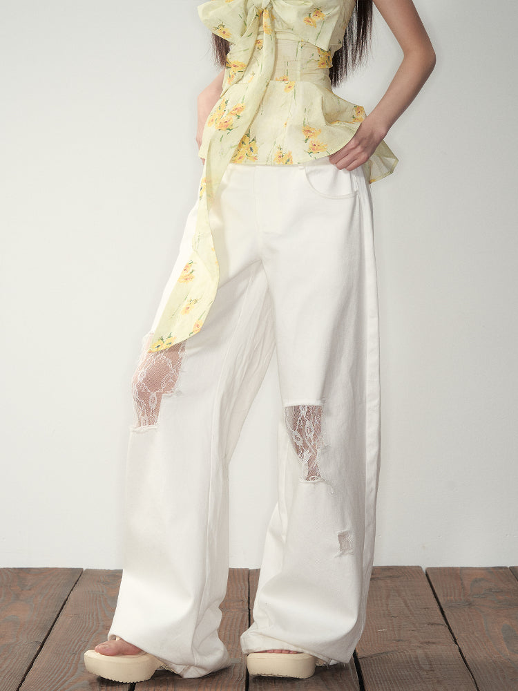 White Lace Splicing Denim Wide-Leg Pants