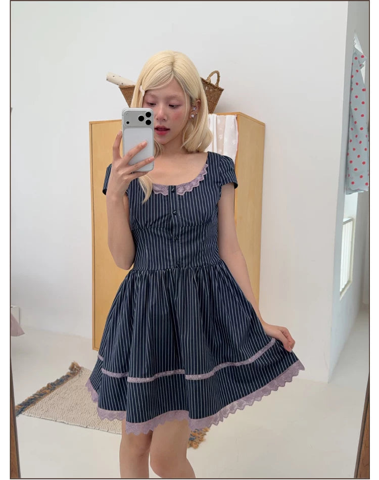 Striped Puff Sleeve A-Line Dress