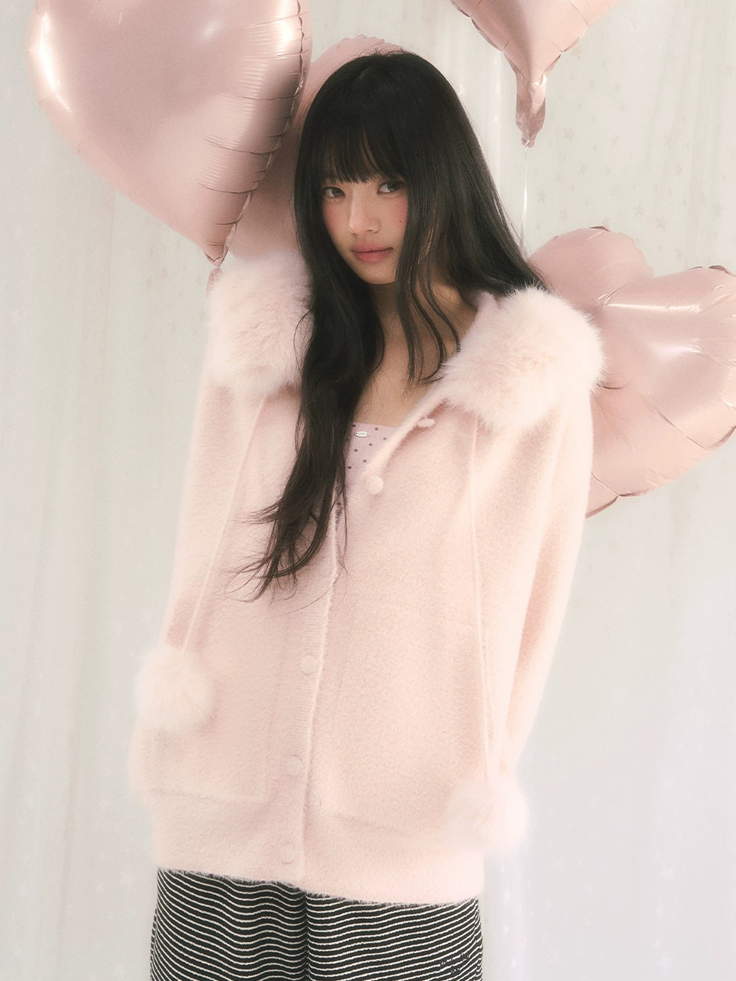 Fur Collar Hooded Knit Cardigan