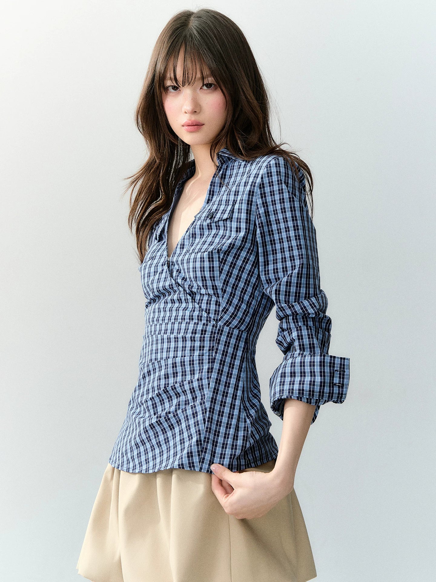 Blue &amp; White V-neck Pocket Shirt