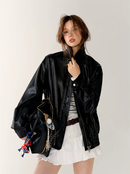 Black Turn-Down Collar Leather Jacket