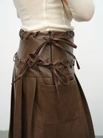 Brown Eyelet Lace-up Pleated Leather Skirt