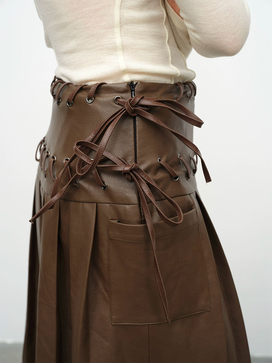 Brown Eyelet Lace-up Pleated Leather Skirt