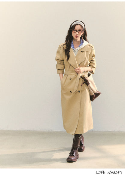 Khaki Embroidered Collar Khaki Long Trench Coat