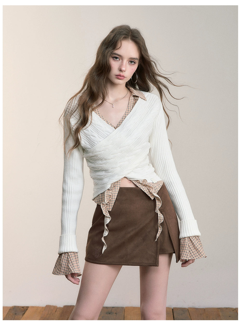 Brown Side-Slit Faux Suede Skort
