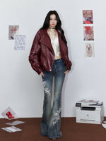 Striped Collar Biker Leather Jacket