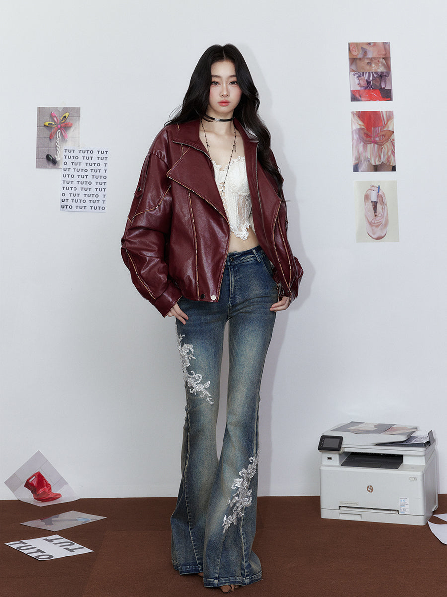 Striped Collar Biker Leather Jacket