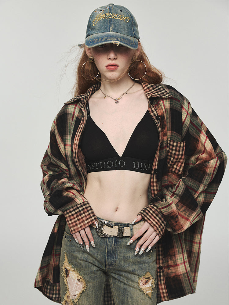 Tie-dye Plaid Shirt &amp; Mini Skirt Set