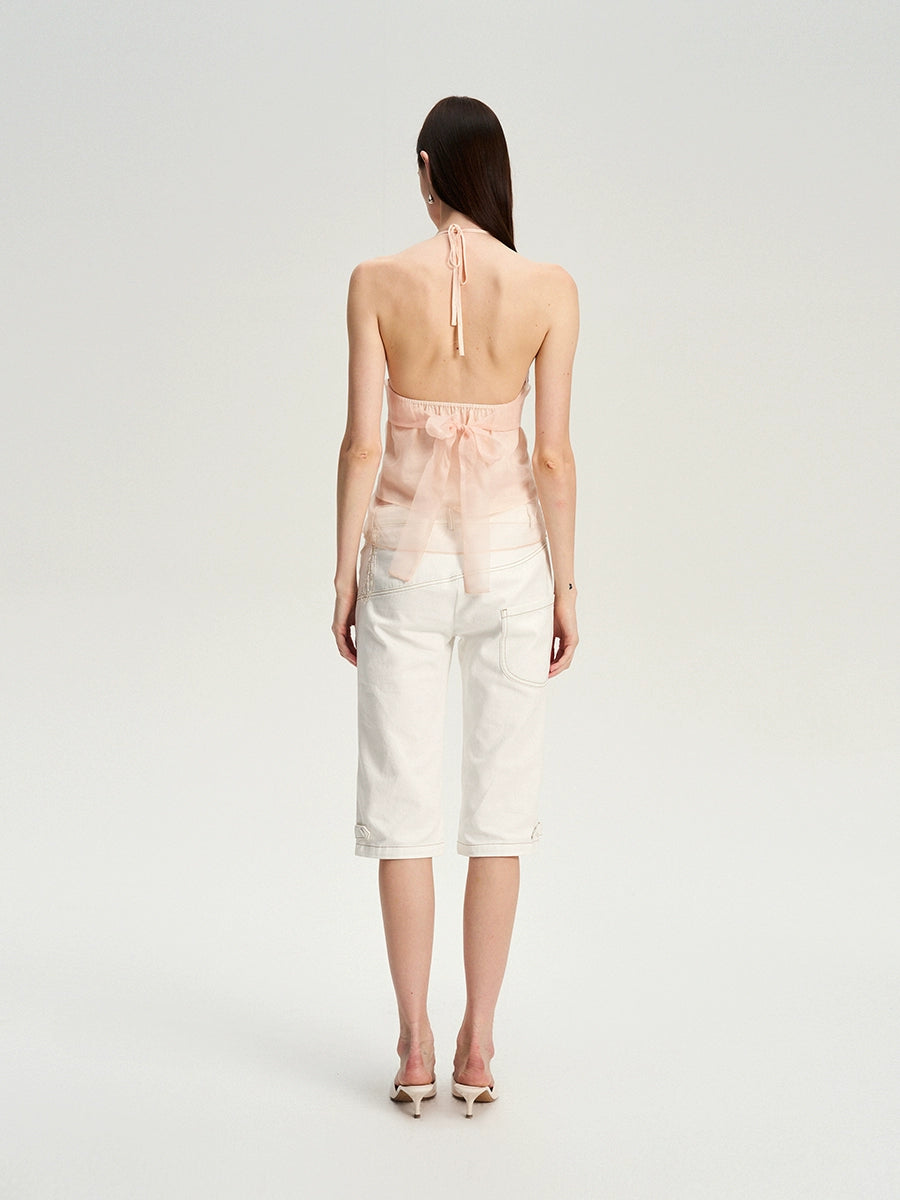 Contrast-Stitch White Cropped Jeans