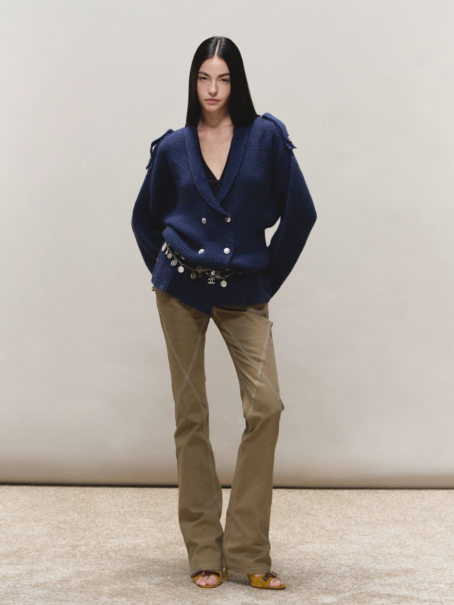 Wool Epaulet Double-Breasted Cardigan