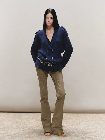 Wool Epaulet Double-Breasted Cardigan