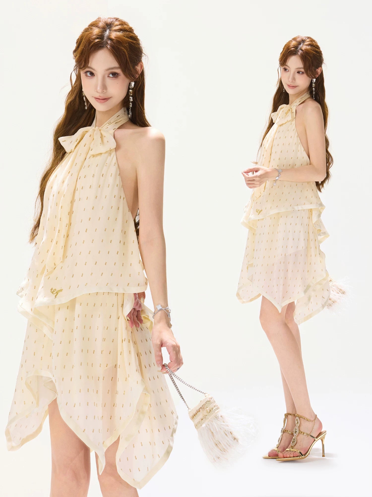 Golden Chiffon Halter Dress