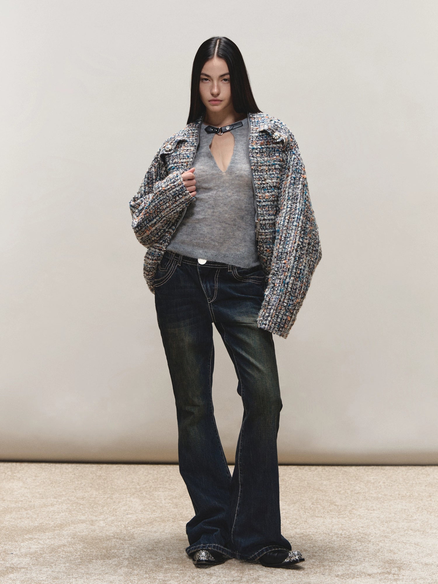 Wool Cutout Buttoned Slim Knit Top