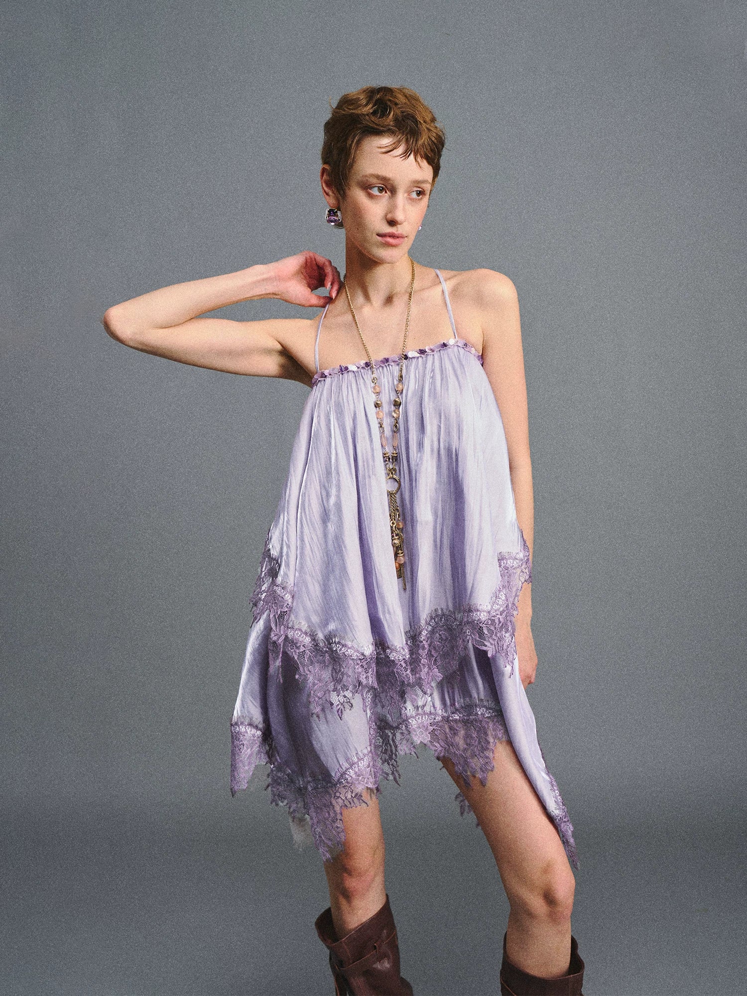 Lilac Beaded Satin Cami Dress