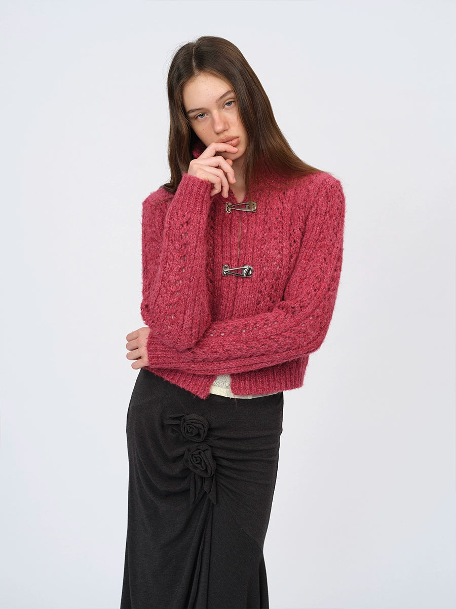 Ivory &amp; Red Cutout Knit Cardigan