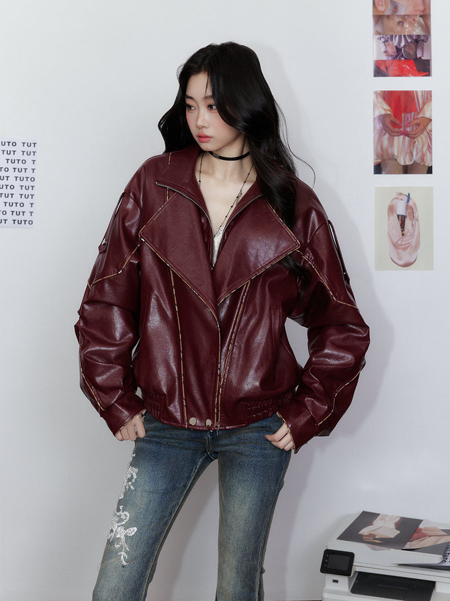 Striped Collar Biker Leather Jacket