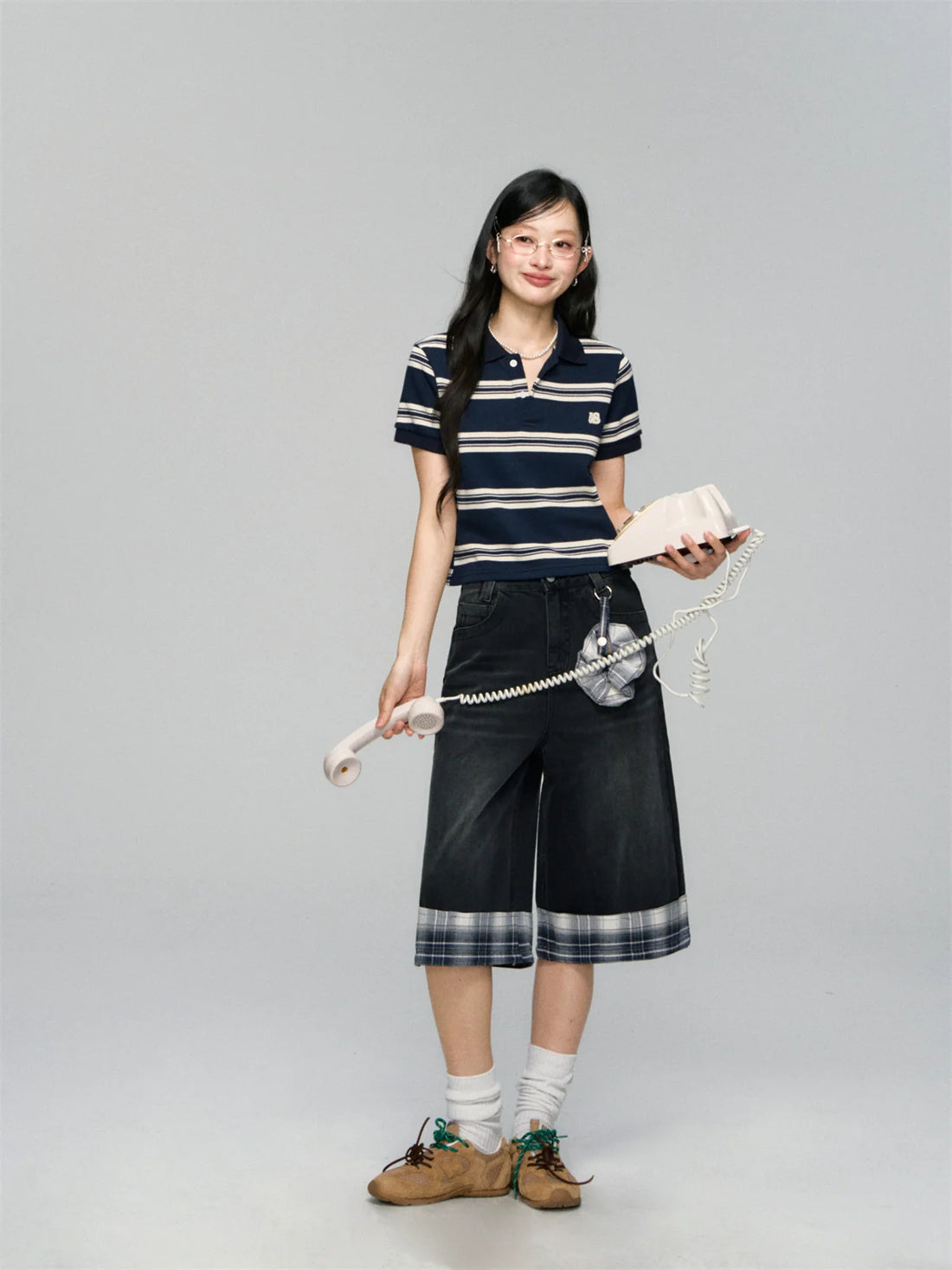 Polo-Collar Striped Color-Blocking T-shirt