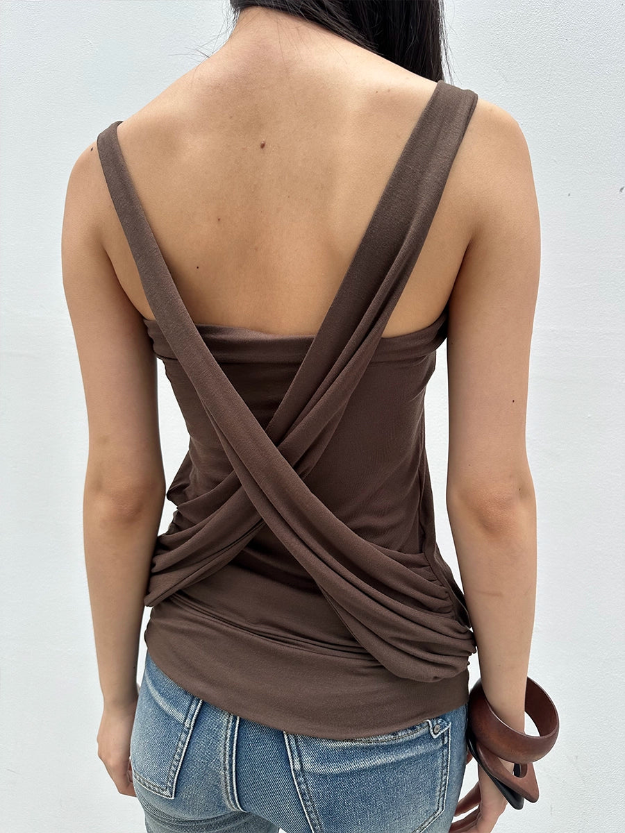 Brown Rhinestone Pleated Cross-Back Cami