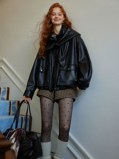 Detachable Bunny Hood Short Leather Jacket
