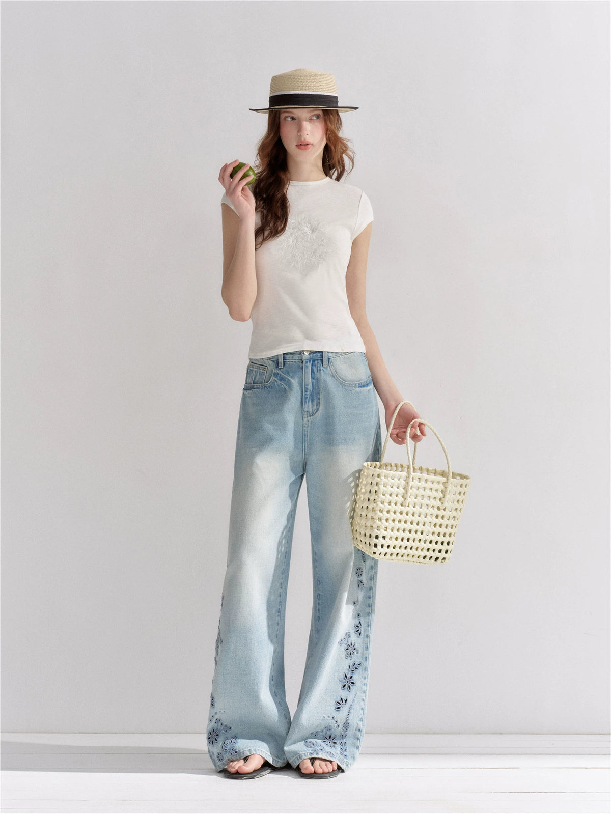 Embroidered Wide-Leg Jeans