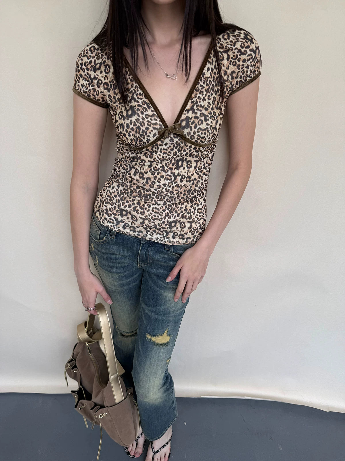 Leopard Print Deep V Tee