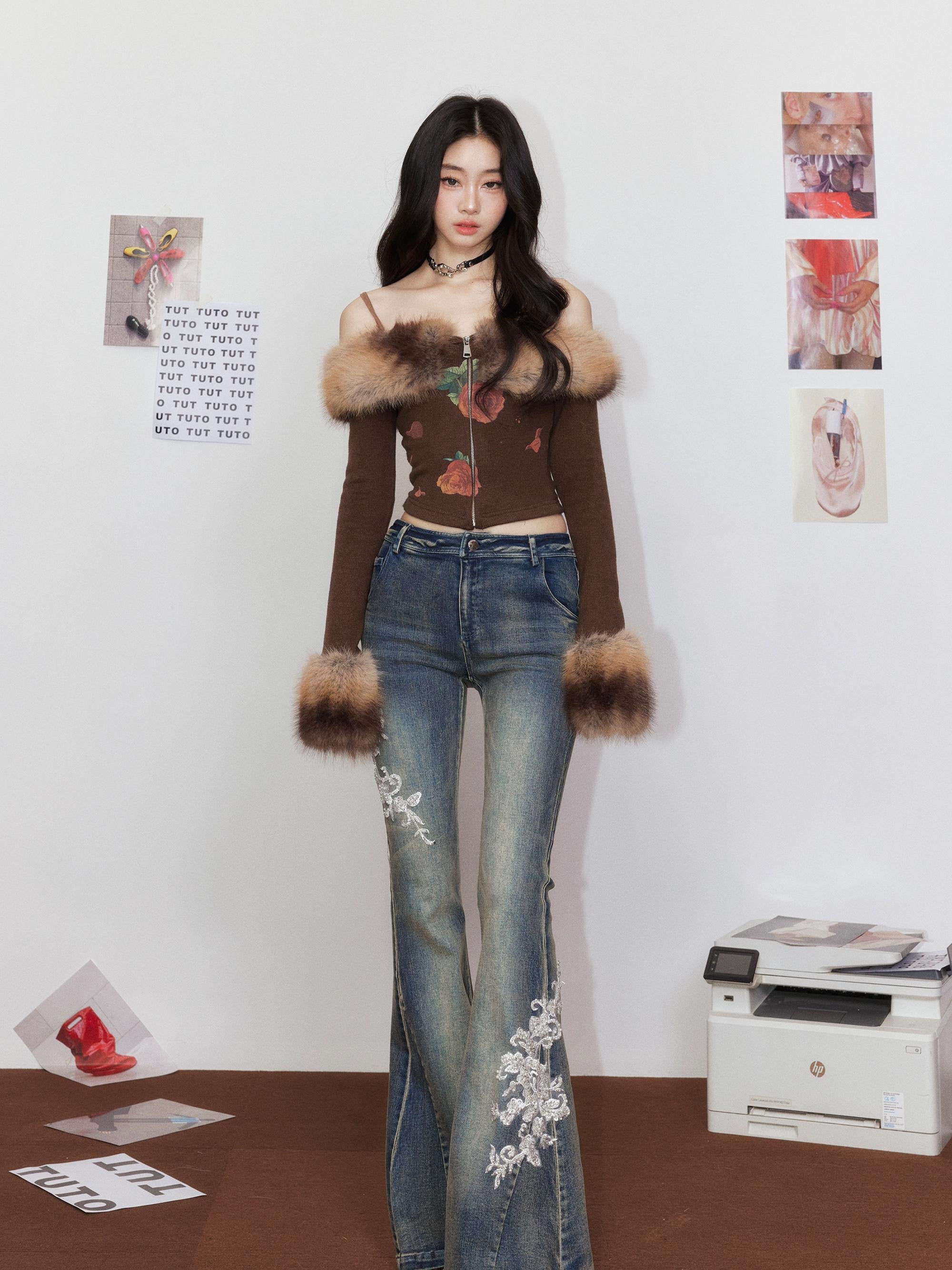 White Embroidered Flared Washed Denim Jeans