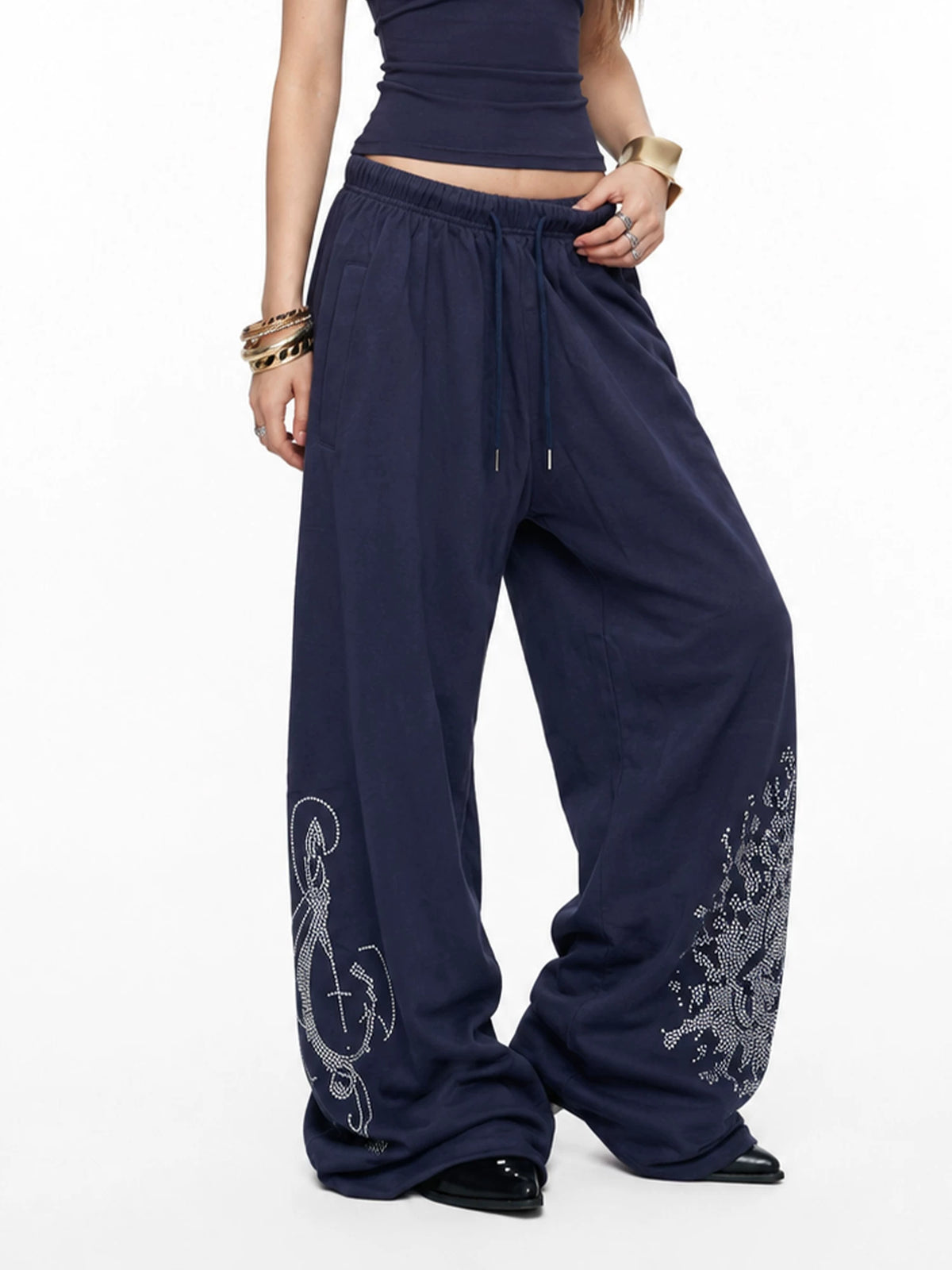 Navy Rhinestone Wide Leg Pants