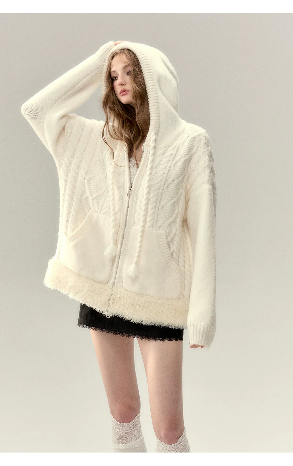 Off-white &amp; Khaki Twisted Knit Hooded Sweater