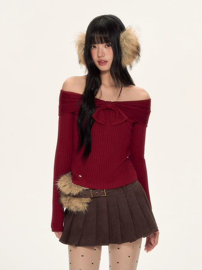 Red Off-Shoulder Bow Knit Top